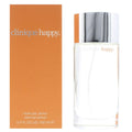 Botella de perfume Clinique Happy de 3.4 oz para mujer, con diseño cilíndrico y tapa plateada.