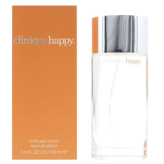 Botella de perfume Clinique Happy de 3.4 oz para mujer, con diseño cilíndrico y tapa plateada.