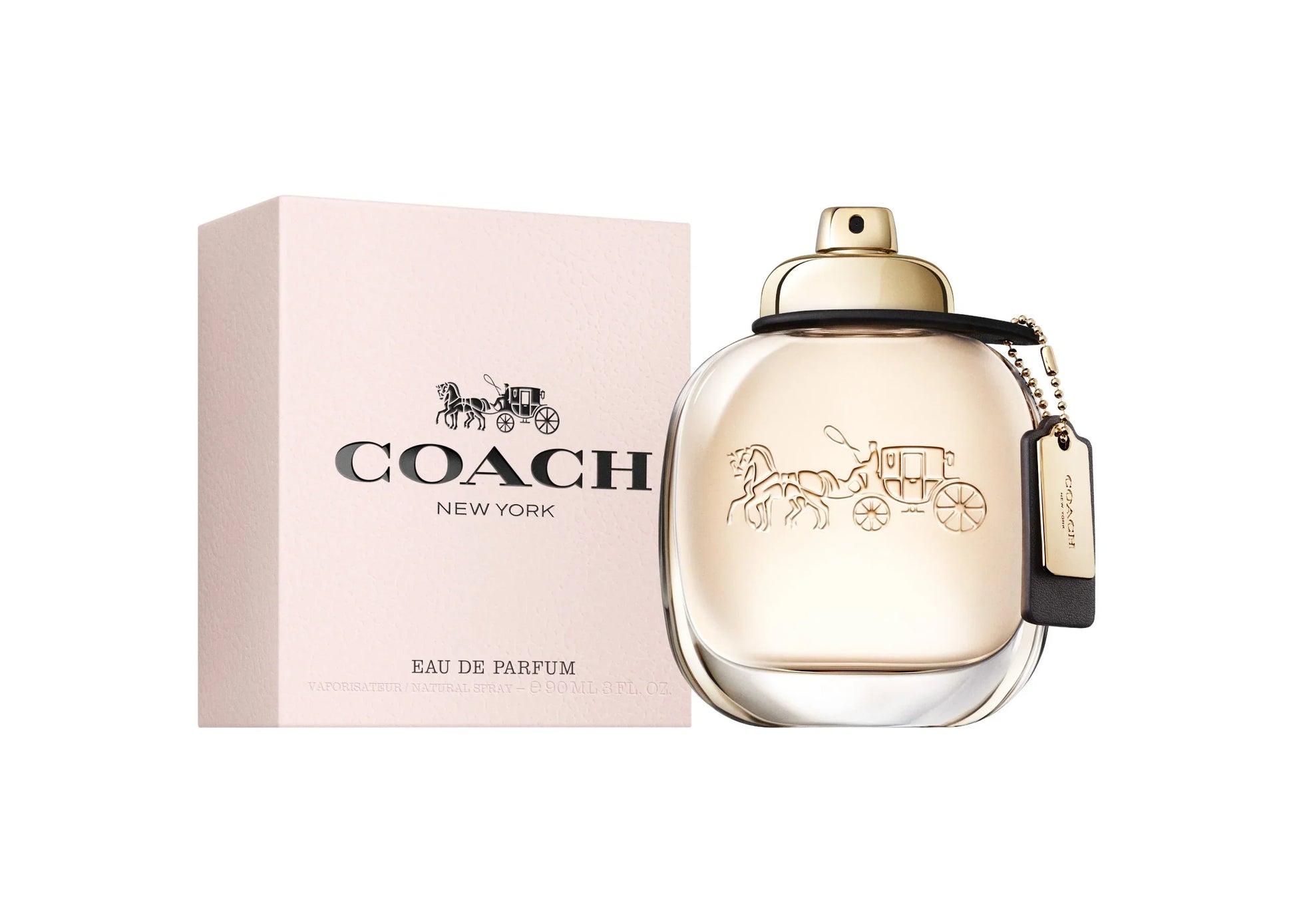 Botella de perfume Coach de 3 oz para mujer, con un charm de cuero colgando del cuello.