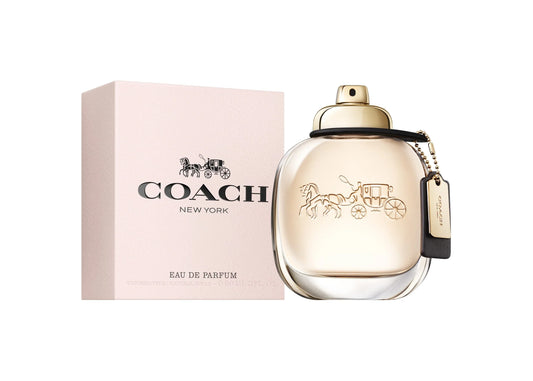 Botella de perfume Coach de 3 oz para mujer, con un charm de cuero colgando del cuello.