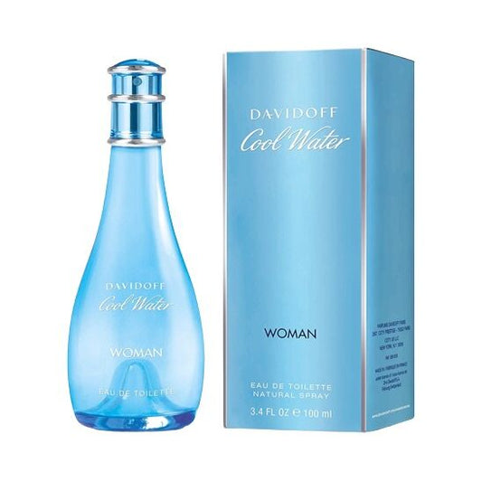 Botella de perfume David Off Cool Water de 3.4 oz para mujer, con diseño de botella azul curvada.