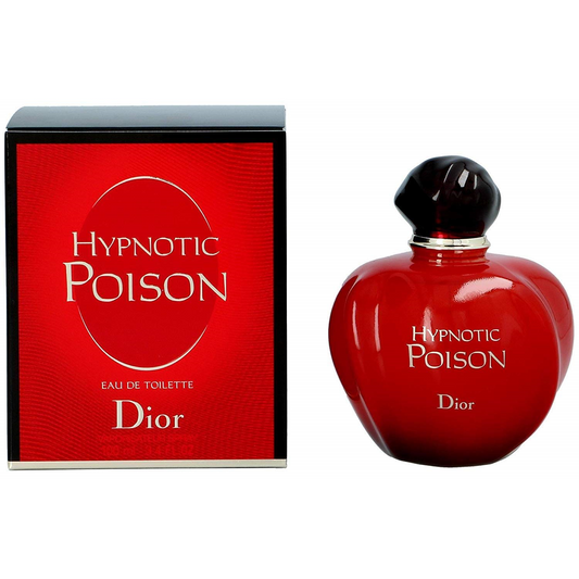 Botella de perfume Dior Hypnotic Poison de 3.4 oz para mujer, con diseño de manzana roja y un tapón negro.