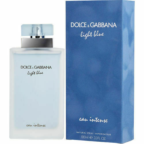 Botella de perfume Dolce and Gabbana Light Blue Eau Intense de 3.3 oz para mujer, con un diseño esmerilado en azul claro.