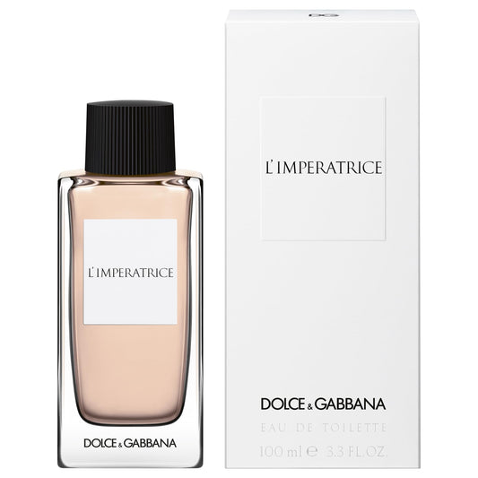 Botella de perfume Dolce and Gabbana L'Imperatrice de 3.3 oz para mujer, con un diseño simple y cilíndrico de vidrio transparente.