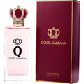 Botella de perfume Dolce and Gabbana Q de 3.4 oz para mujer, con un diseño de vidrio rojo y una corona dorada.
