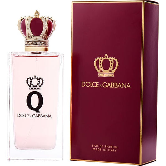 Botella de perfume Dolce and Gabbana Q de 3.4 oz para mujer, con un diseño de vidrio rojo y una corona dorada.