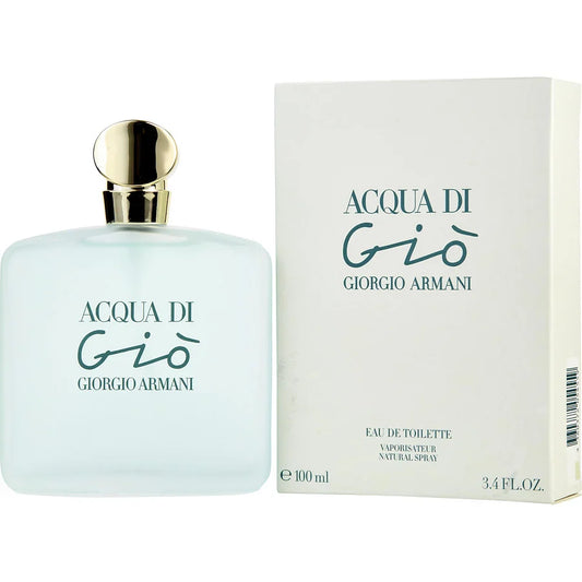 Botella de perfume Giorgio Armani Acqua di Gio de 3.4 oz para mujer, con un diseño simple y transparente.