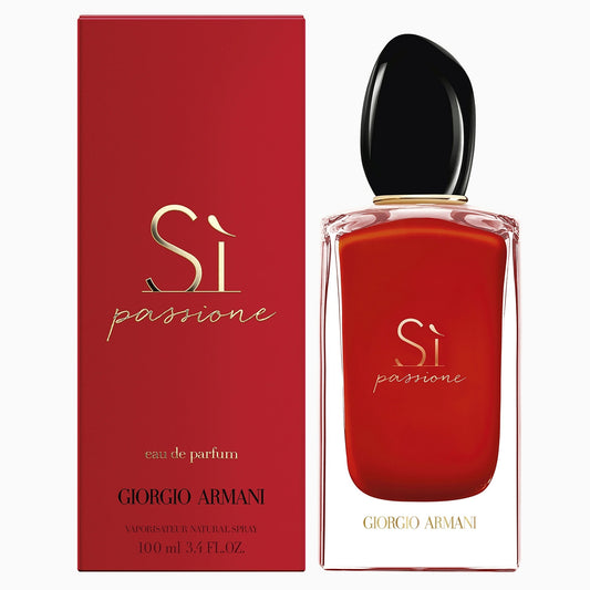 Botella de perfume Giorgio Armani Si Passione de 3.4 oz para mujer, con un vibrante diseño de botella roja.