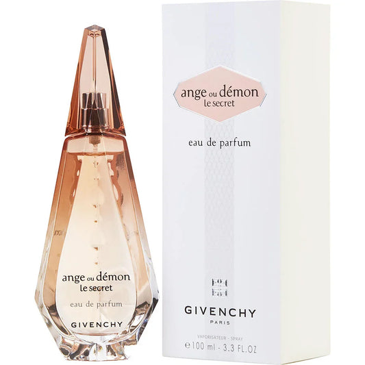 Botella de perfume Givenchy Ange ou Demon Le Secret de 3.3 oz para mujer, con un diseño en forma de lágrima rosa pálido.
