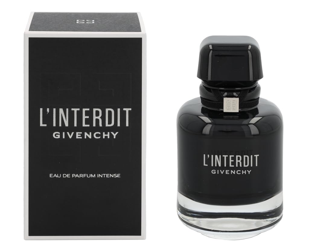 Botella de perfume Givenchy L'Interdit Intense de 2.7 oz para mujer, con un diseño de vidrio negro y un lazo de cuero.