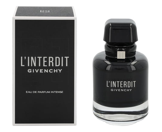Botella de perfume Givenchy L'Interdit Intense de 2.7 oz para mujer, con un diseño de vidrio negro y un lazo de cuero.