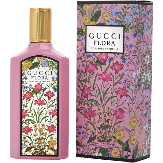 Botella de perfume Gucci Flora Gorgeous Gardenia de 3.3 oz para mujer, con un diseño rosa floral y tapa dorada.