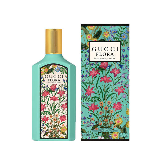 Botella de perfume Gucci Flora Gorgeous Jasmine de 3.4 oz para mujer, con un diseño de color turquesa y flores de jazmín.