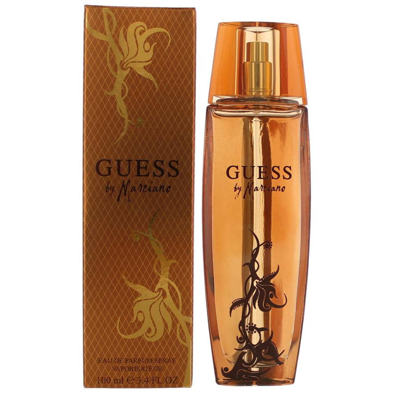 Botella de perfume Guess by Marciano de 3.4 oz para mujer, con un diseño de vidrio curvo y un logo metálico.