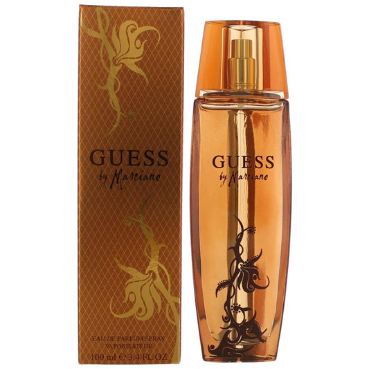 Botella de perfume Guess by Marciano de 3.4 oz para mujer, con un diseño de vidrio curvo y un logo metálico.