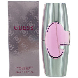 Botella de perfume Guess by Parlux de 2.5 oz para mujer, con un diseño simple y elegante de vidrio transparente.