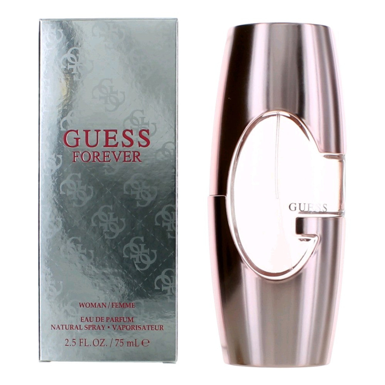 Botella de perfume Guess Forever de 2.5 oz para mujer, con un diseño de vidrio transparente y un lazo rosa.