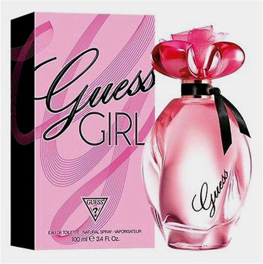 Botella de perfume Guess Girl de 3.4 oz para mujer, con un diseño de vidrio rosa y tapa en forma de flor.