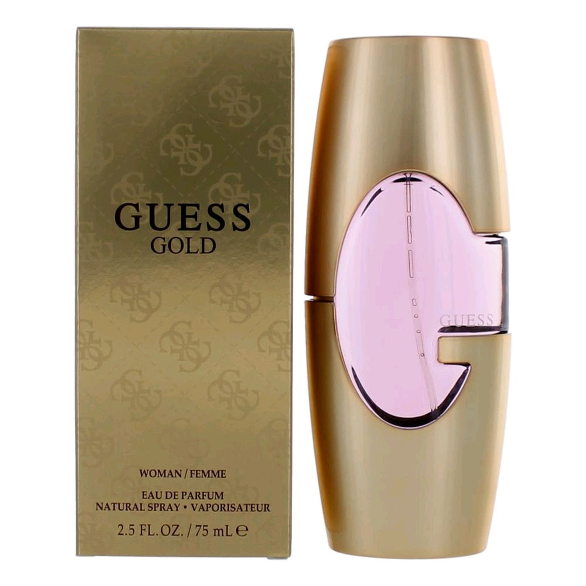 Botella de perfume Guess Gold de 2.5 oz para mujer, con un diseño dorado y elegante.