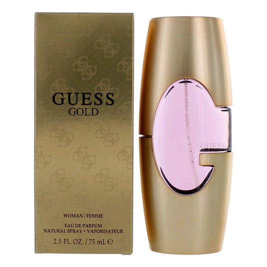 Botella de perfume Guess Gold de 2.5 oz para mujer, con un diseño dorado y elegante.
