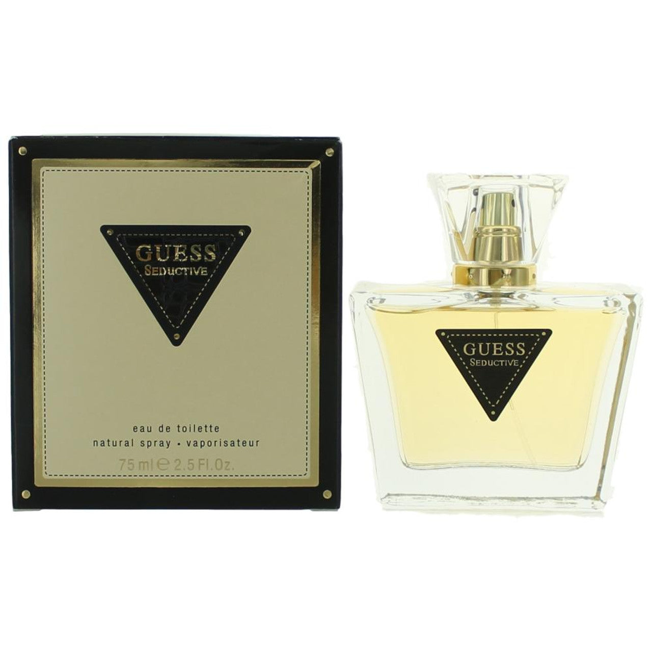 Botella de perfume Guess Seductive de 2.5 oz para mujer, con un diseño de vidrio curvado y un charm dorado.