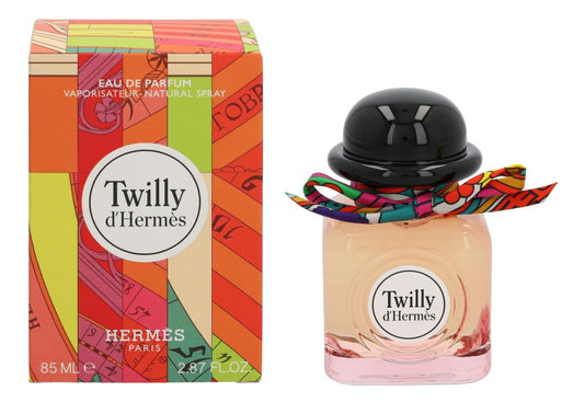 Botella de perfume Hermes Twilly d'Hermes de 2.87 oz para mujer, con un diseño cuadrado y un lazo de seda.