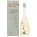 Botella de perfume J.Lo Glow de 3.4 oz para mujer, con un diseño curvo y una cadena de J.Lo.