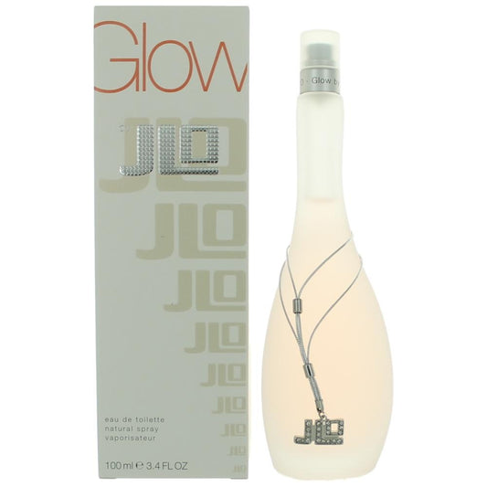 Botella de perfume J.Lo Glow de 3.4 oz para mujer, con un diseño curvo y una cadena de J.Lo.