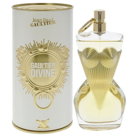 Botella de perfume Jean Paul Gaultier Divine de 3.4 oz para mujer, con la forma de un busto de mujer con un bustier dorado.