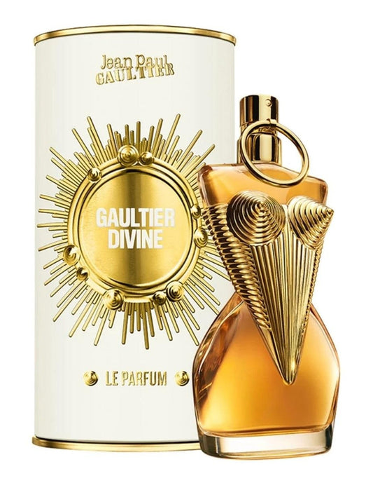 Botella de perfume Jean Paul Gaultier Divine Le Parfum de 1.7 oz para mujer, con la forma de un busto de mujer con un bustier dorado.
