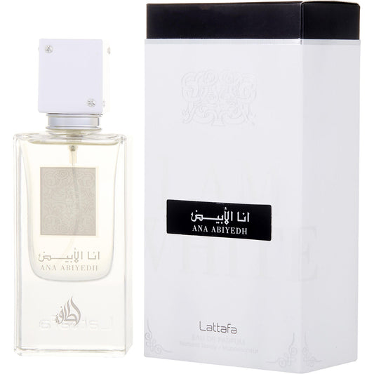 Botella de perfume Lattafa Ana Abiyedh de 2.04 oz, con un diseño de vidrio blanco mate y una tapa transparente.