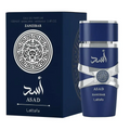 Botella de perfume Lattafa Asad Zanzibar para hombre de 3.4 oz, con un diseño cilíndrico y de color verde azulado degradado.