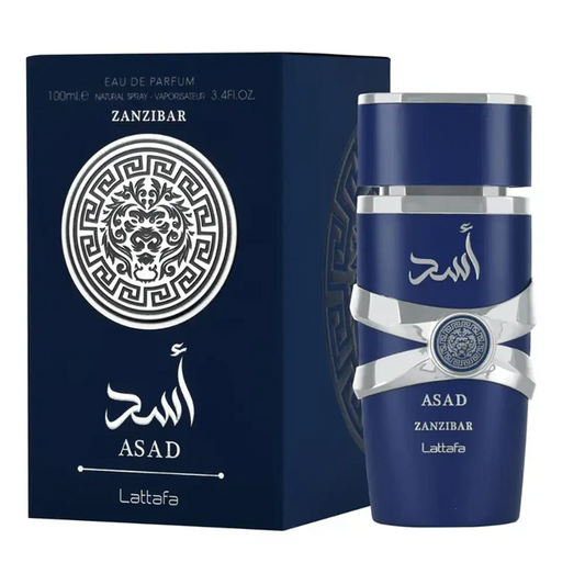 Botella de perfume Lattafa Asad Zanzibar para hombre de 3.4 oz, con un diseño cilíndrico y de color verde azulado degradado.