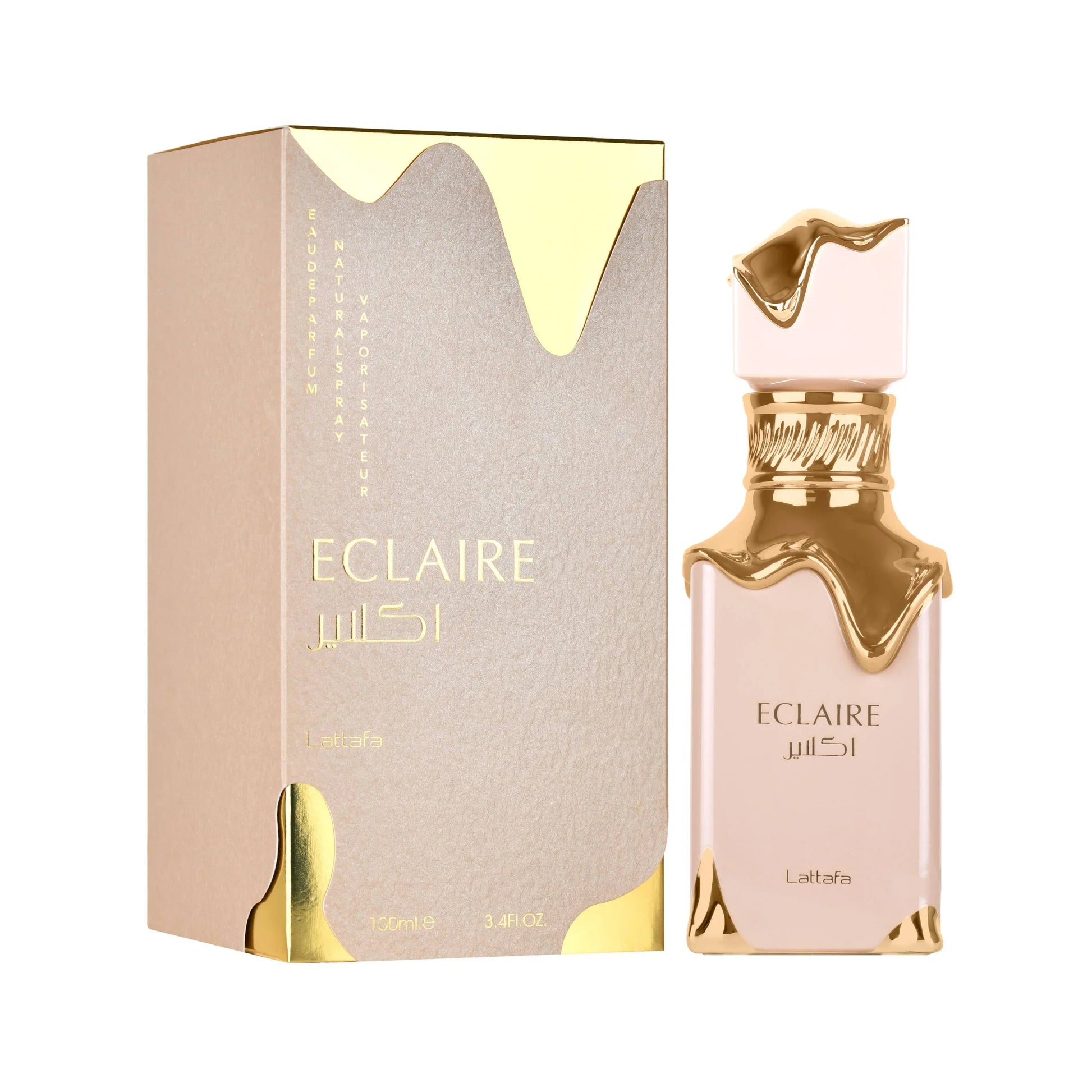 Botella de perfume Lattafa Eclaire de 3.4 oz, con un diseño de vidrio transparente y tapa dorada.