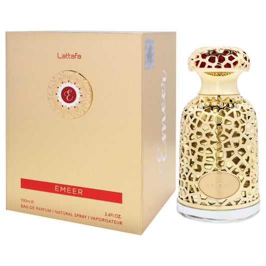 Botella de perfume Lattafa Emeer para mujer de 3.4 oz, con un diseño dorado y una tapa en forma de corona.