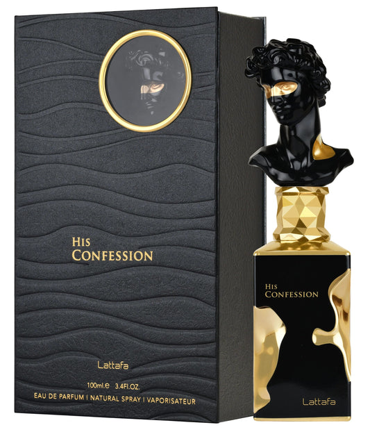 Botella de perfume Lattafa His Confession para hombre de 3.4 oz, con un diseño negro y detalles de metal.