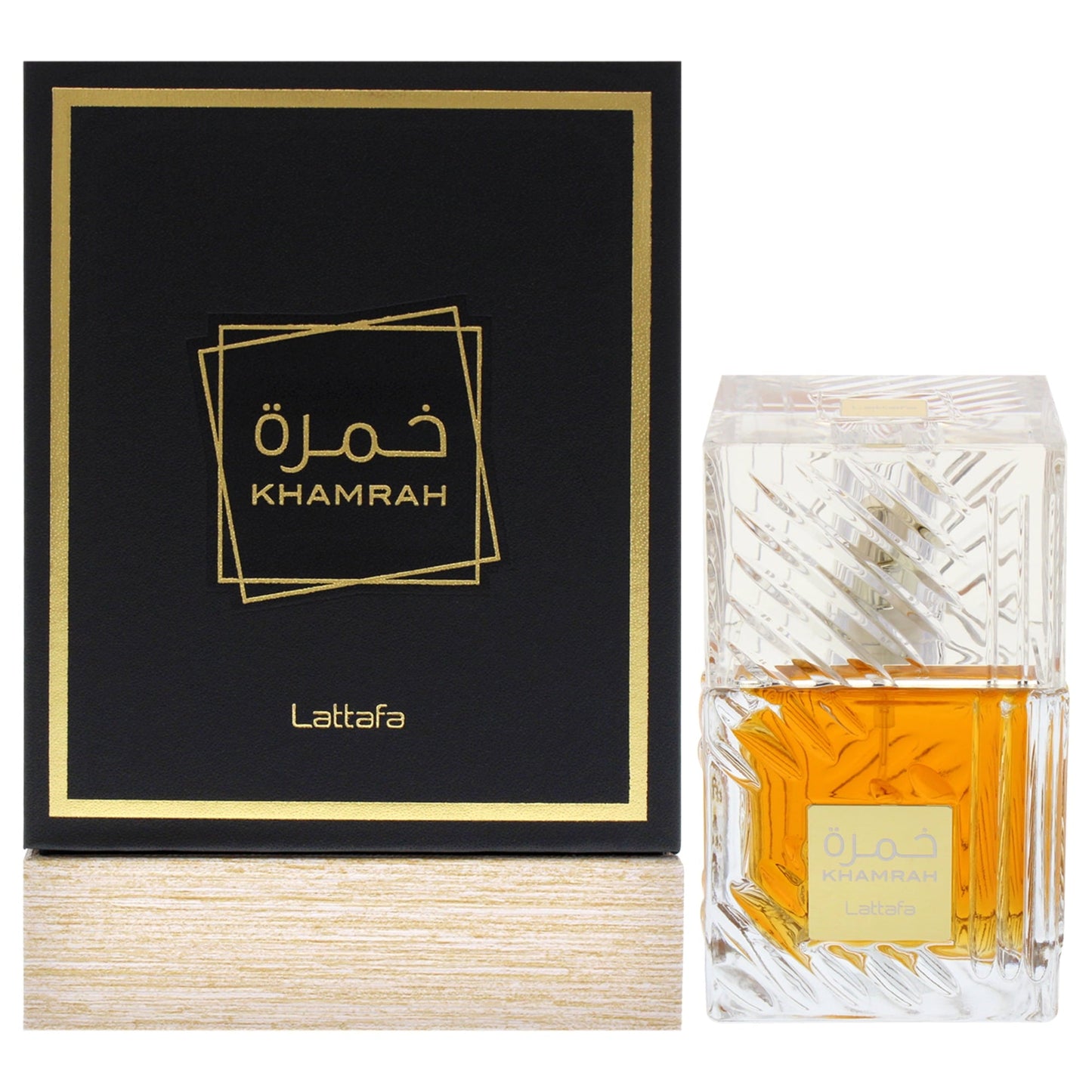 Botella de perfume Lattafa Khamrah de 3.4 oz, con un diseño cuadrado de vidrio marrón y una tapa dorada.