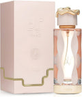 Botella de perfume Lattafa Teriaq para mujer de 3.4 oz, con un diseño de vidrio de color rosa oscuro y una tapa dorada.