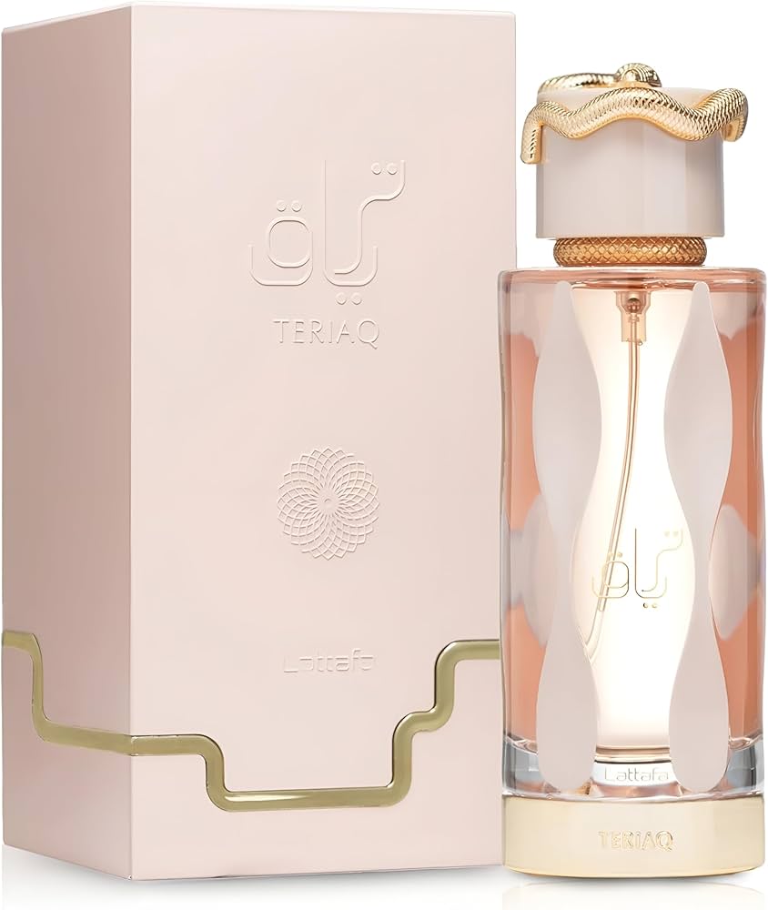 Botella de perfume Lattafa Teriaq para mujer de 3.4 oz, con un diseño de vidrio de color rosa oscuro y una tapa dorada.
