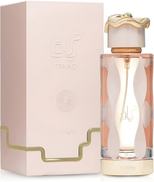 Botella de perfume Lattafa Teriaq para mujer de 3.4 oz, con un diseño de vidrio de color rosa oscuro y una tapa dorada.