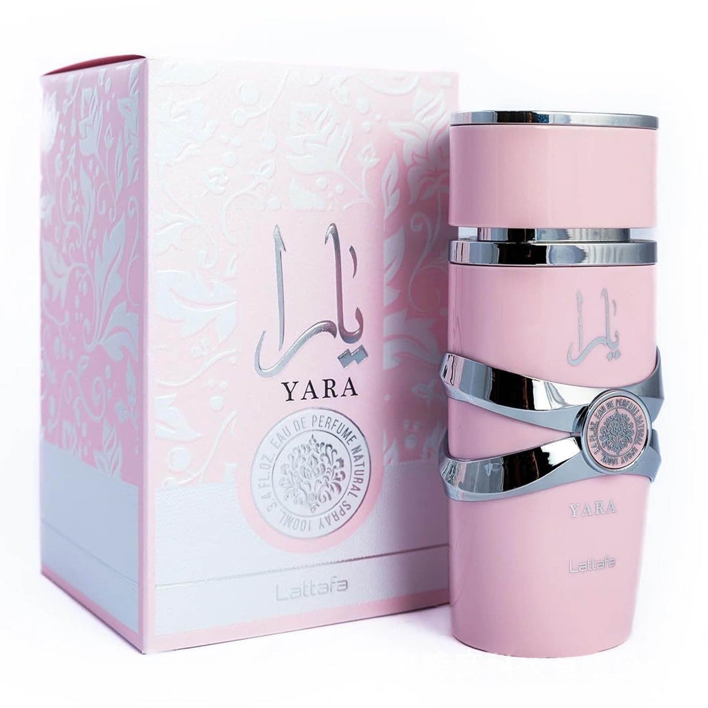 Botella de perfume Lattafa Yara para mujer de 3.38 oz, con un diseño cilíndrico de color rosa pastel y tapa en forma de corona.