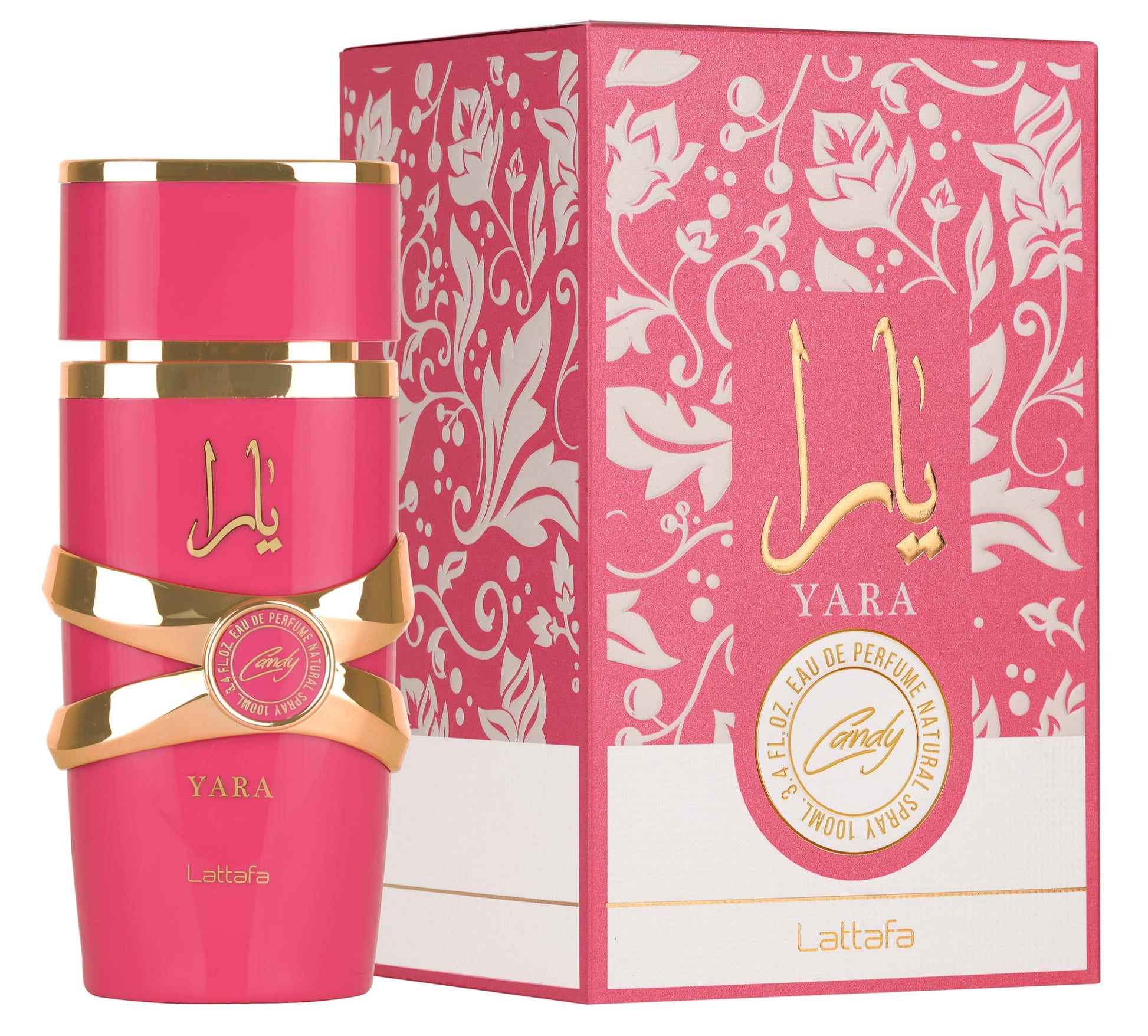 Botella de perfume Lattafa Yara Candy para mujer de 3.4 oz, con un diseño cilíndrico de color rosa claro y tapa en forma de corona.