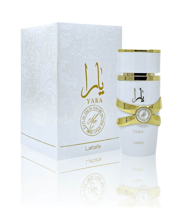Botella de perfume Lattafa Yara Moi para mujer de 3.4 oz, con un diseño cilíndrico de color beige y tapa en forma de corona.