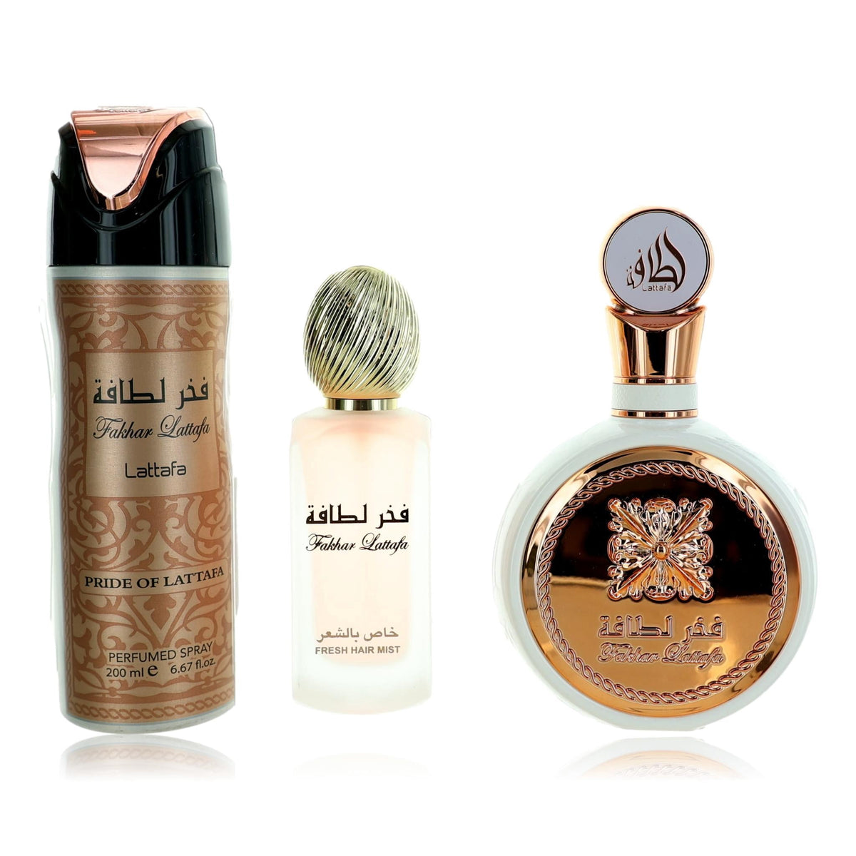 LATTAFA FAKHAR SET 3.4 OZ EAU DE PARFUM, 6.7 OZ PERFUMED BODY SPRAY Y 1.7OZ PERFUME DE CABELLO HOMBRE original - Perfumería García