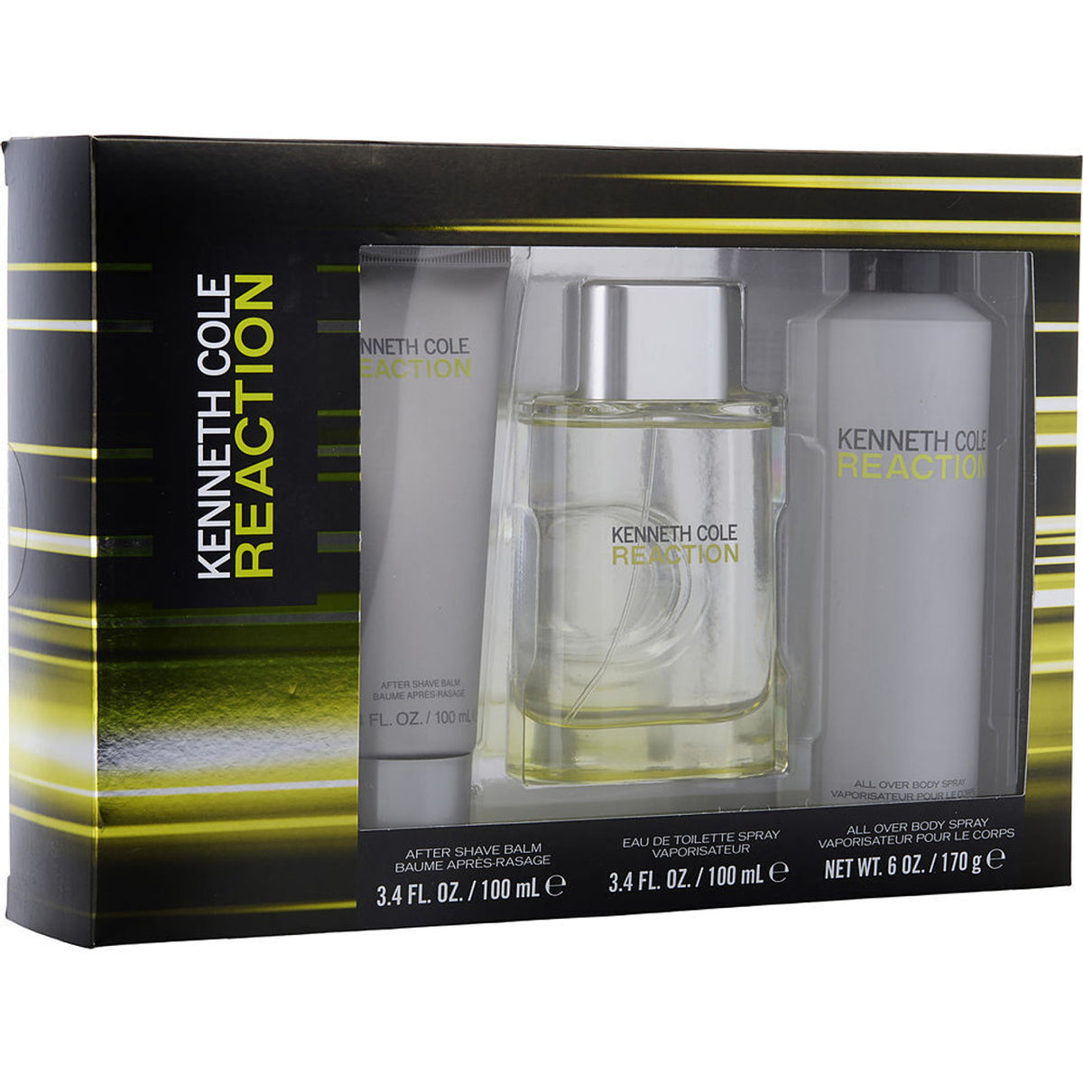 Kenneth Cole Reaction Set 3.4 Oz Eau De Toilette, 3.4 Oz After Shave Balm Y 6 Oz All Over Body Spray Hombre