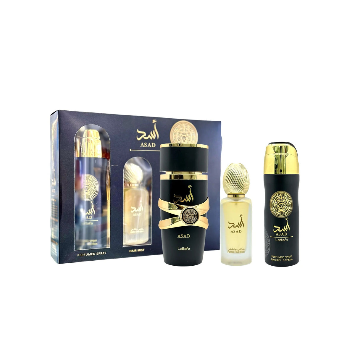 Lattafa Asad Set 3.4 Oz Eau De Parfum, 1.7 Oz Perfume De Cabello, 6.7 Oz Perfumed Body Spray Hombre
