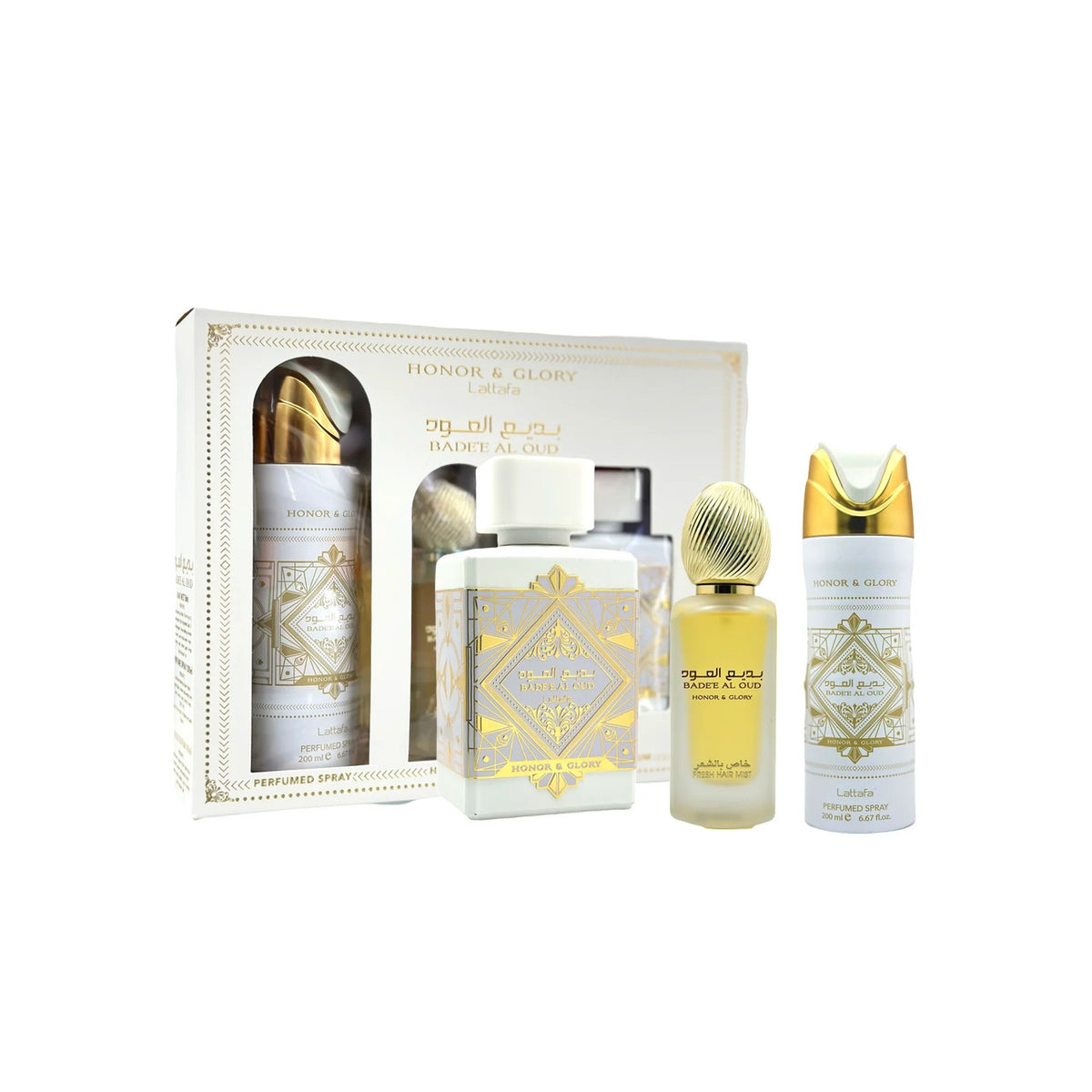 Lattafa Bade'e Al Oud Honor & Glory Set 3.4 Oz Eau De Parfum, 1.7 Oz Perfume De Cabello Y 6.7 Oz Unisex
