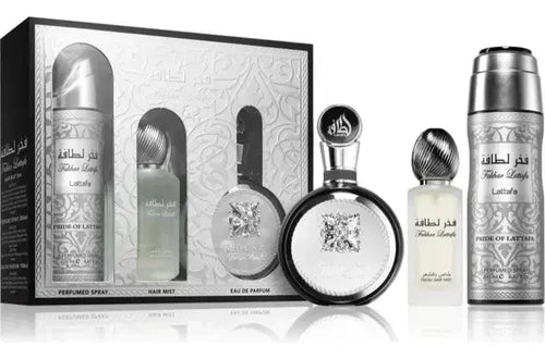 Lattafa Fakhar Set 3.4 Oz Eau De Parfum, 6.7 Oz Perfumed Body Spray Y 1.7Oz Perfume De Cabello Hombre