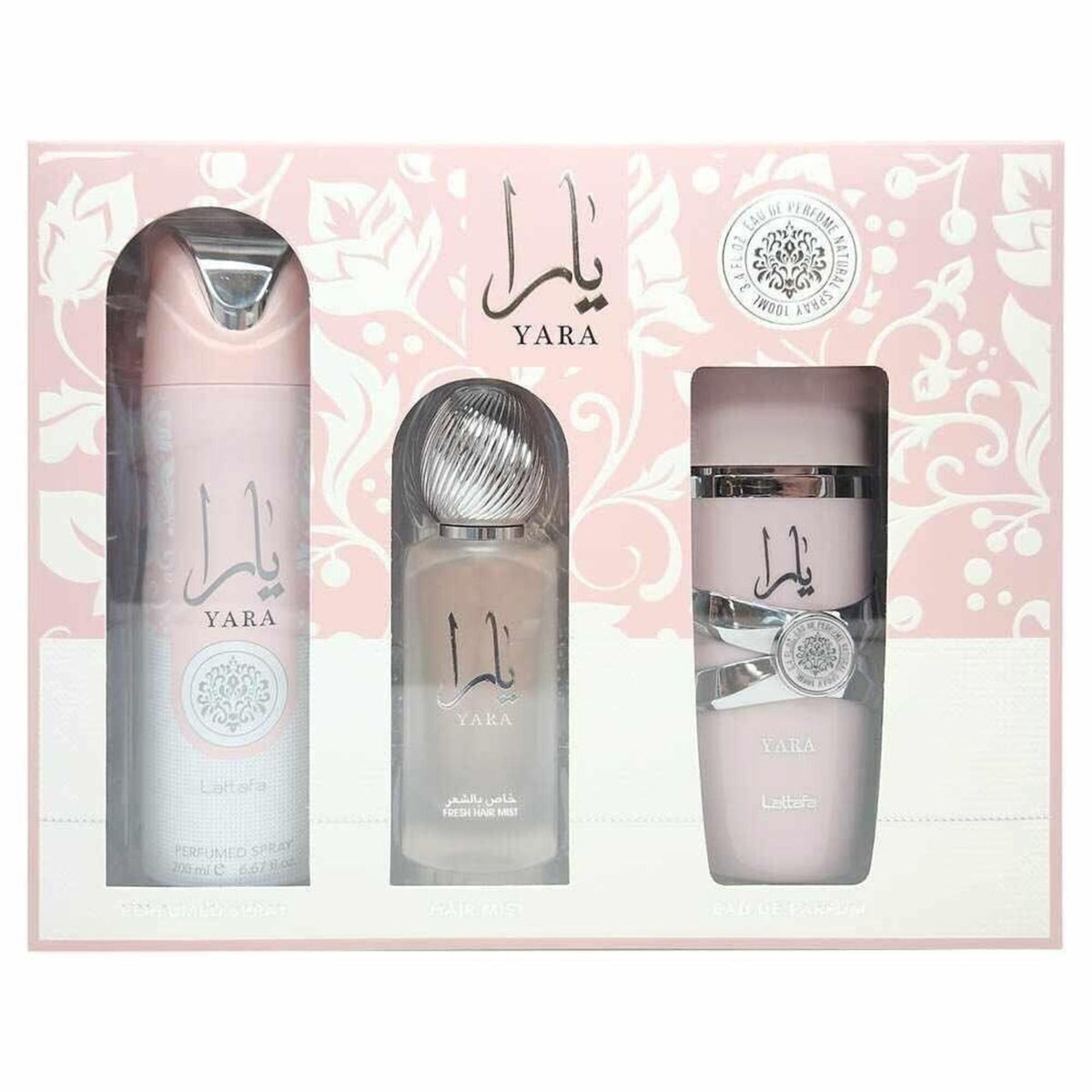 Lattafa Yara Set 3.4 Oz Eau De Parfum, 6.7 Oz Perfumed Spray Y 1.7 Oz Hair Mist Mujer