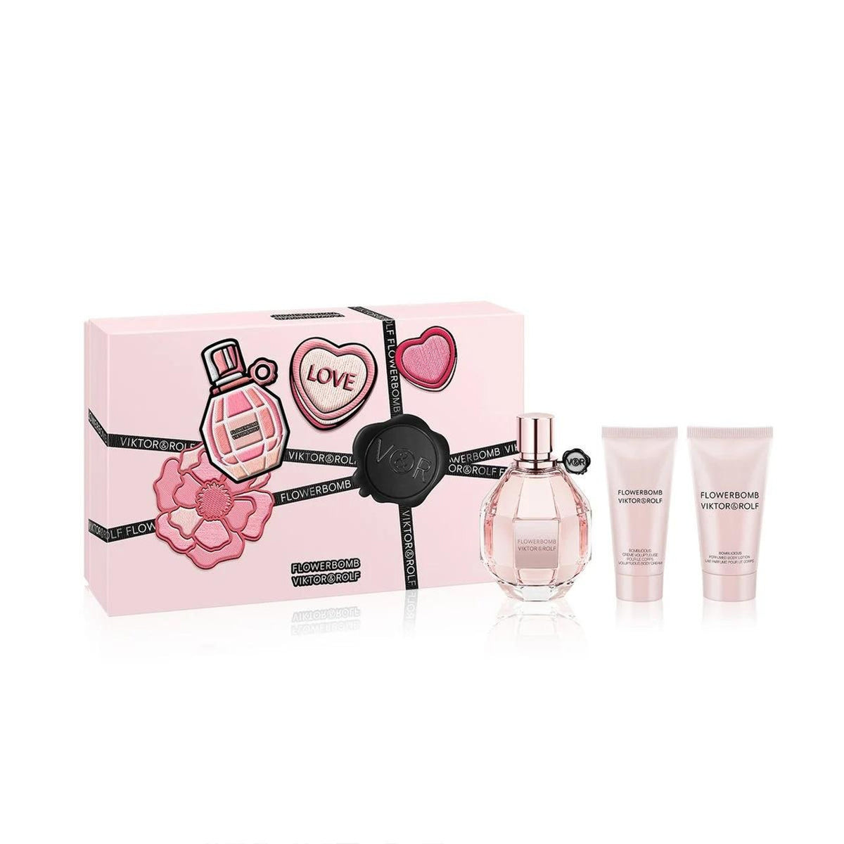 Viktor & Rolf Flowerbomb Set 3.4 Oz Eau De Parfum, 1.7 Oz Body Lotion Y 1.36 Oz Body Cream Mujer